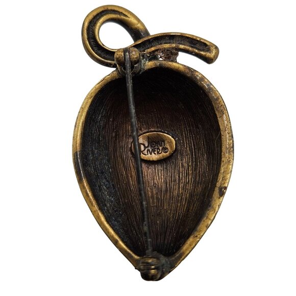 Vintage 1990s Joan Rivers Brass Tone Strawberry Brooch Pin Brown Crystals Signed - Picture 4 of 5